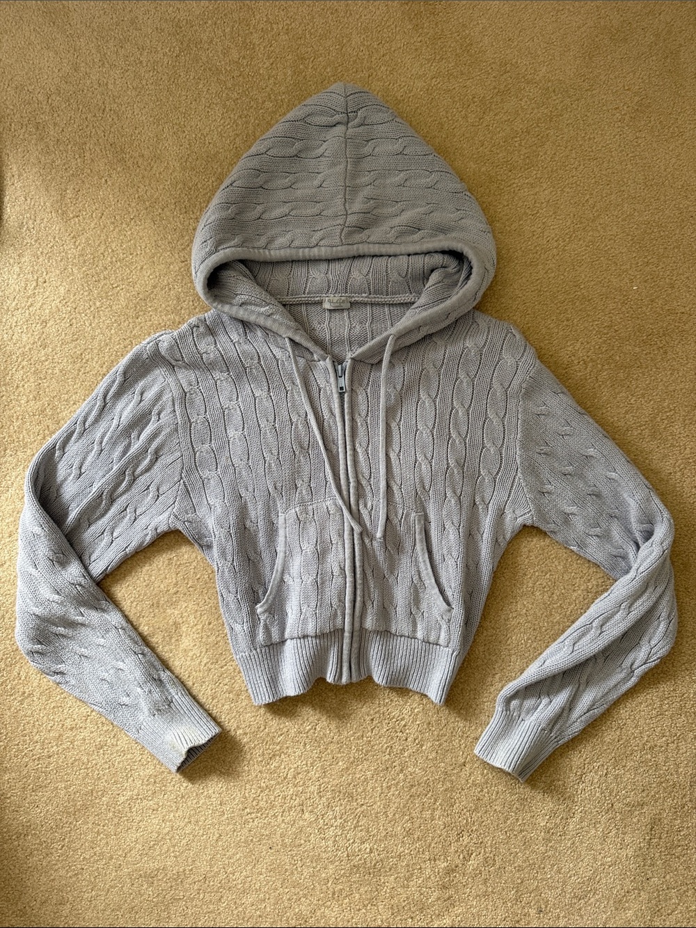 Brandy Melville Women's Light Blue Cable-Knit Zip Hoodie